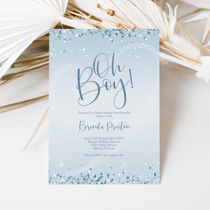 Blue Silver Oh Boy Baby Shower Invitation Template | Editable Boy Baby Shower Invite | Modern Printable Invitation | Digital Download Card
