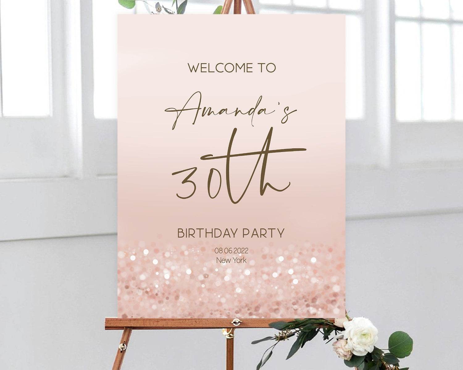Printable Rose Gold 30th Birthday Party Welcome Sign, Thirty Editable Template, Modern Calligraphy Birthday Welcome Poster, Instant Download
