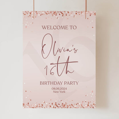 Sweet Sixteen Welcome Sign Template – Pink & Rose Gold Glitter 16th Birthday Poster – Printable Birthday Party Welcome Board – Instant Download