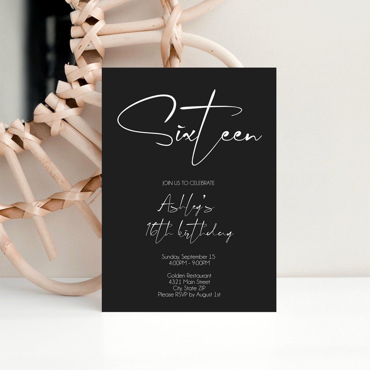 Minimalist 16th Birthday Invitation Template, Modern Black Birthday Invite, Simple Sixteenth Party Invitation, Instant Download