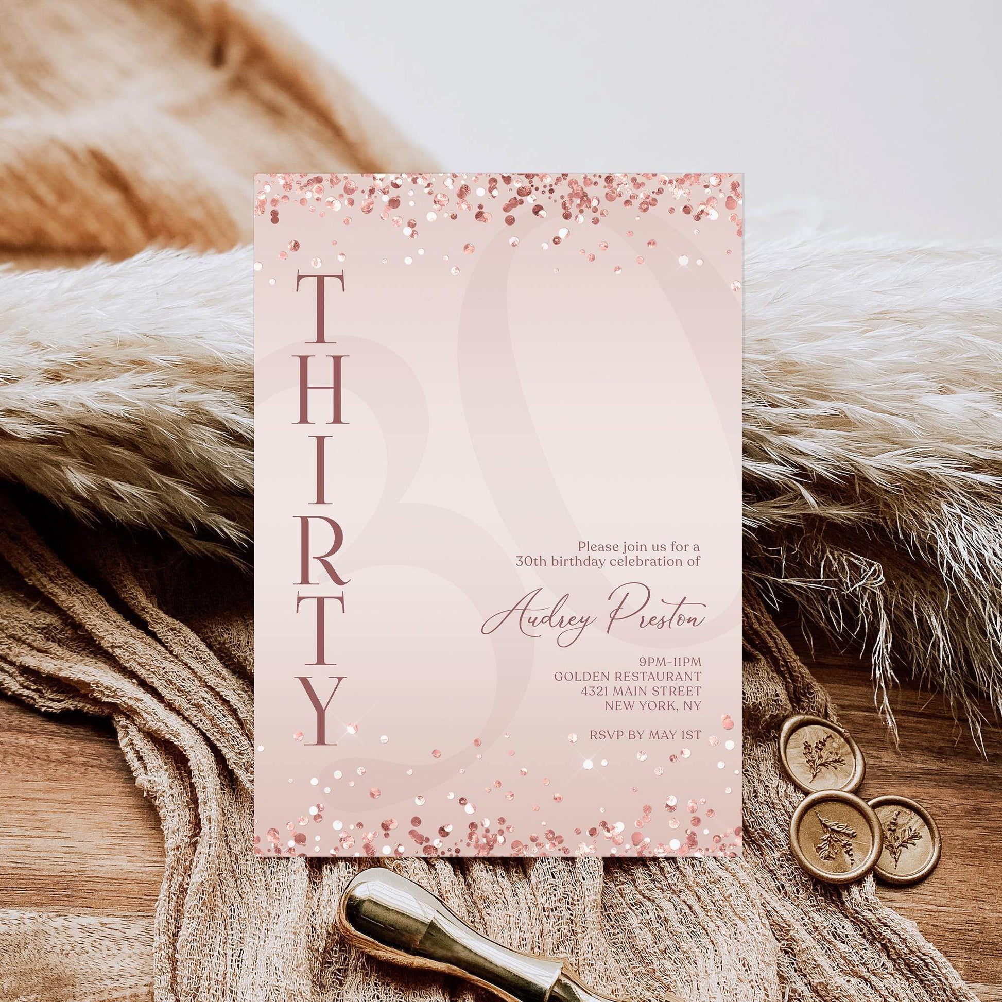 Luxury Rose Gold 30th Birthday Invitation – Editable Pink Surprise Party Invite – Digital Text or Email Template – Instant Download