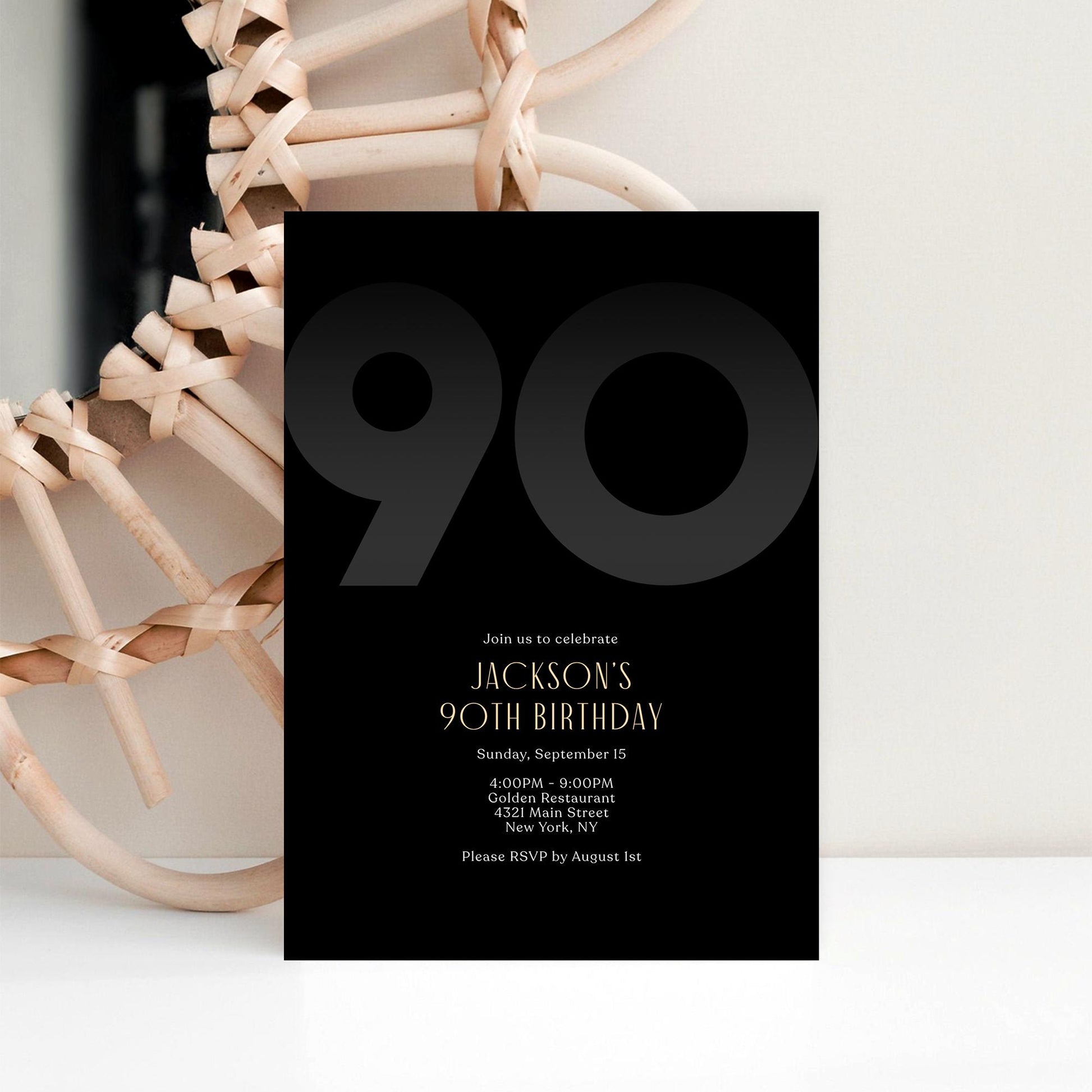 Black 90th Birthday Invitation Template | Editable Modern Men's Party Invite | Elegant Printable Ninety Birthday Card | Instant Download