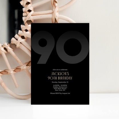 Black 90th Birthday Invitation Template | Editable Modern Men's Party Invite | Elegant Printable Ninety Birthday Card | Instant Download