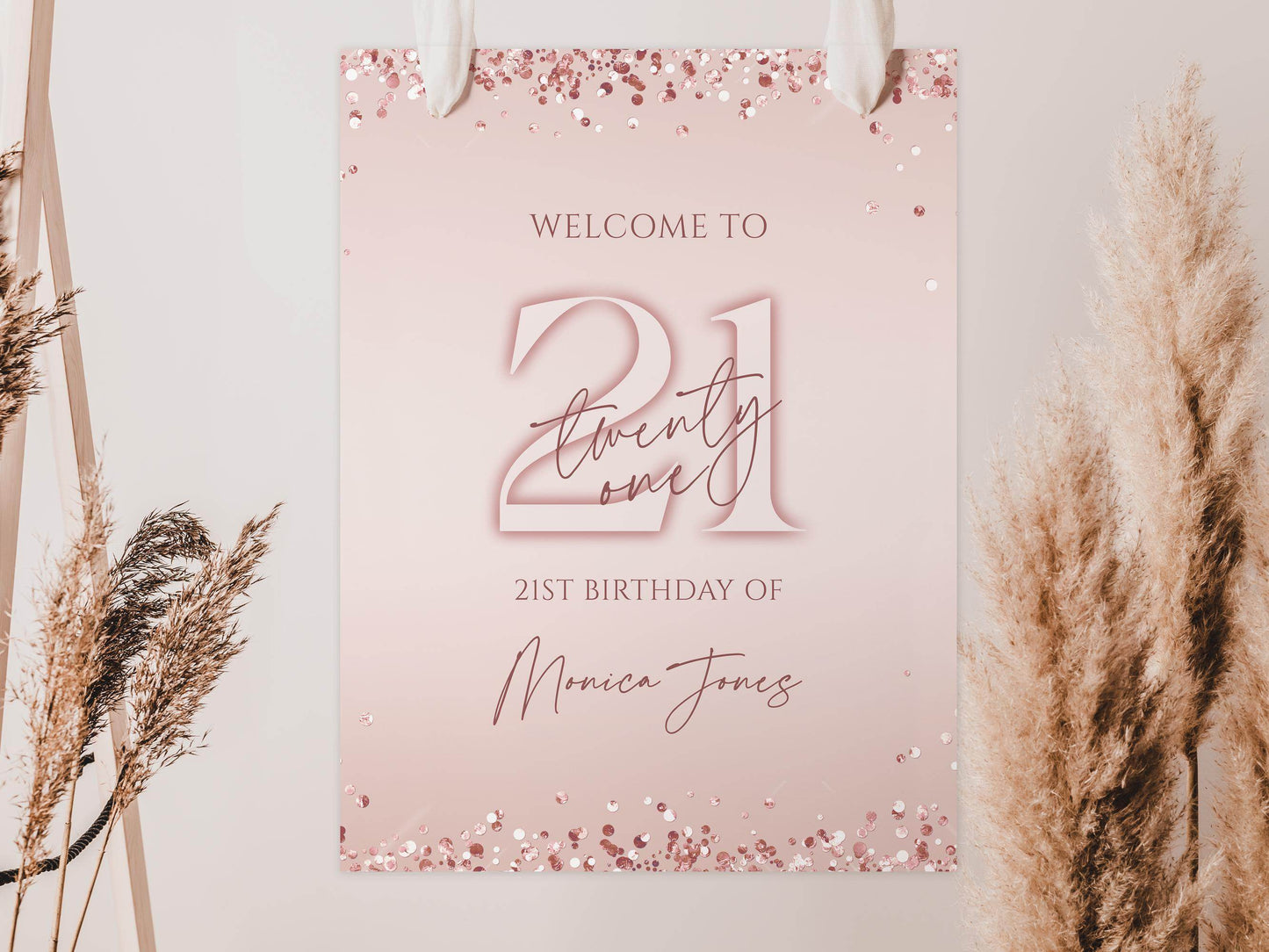 21st Birthday Welcome Sign Template | Pink & Rose Gold Confetti Editable Poster | Modern Twenty-One Party Welcome Board | Instant Digital Download
