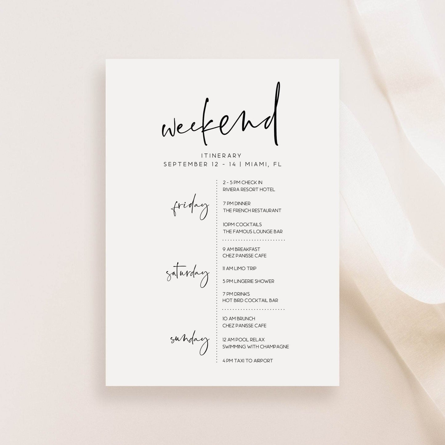 Simple Weekend Itinerary Template, Editable Minimalist Hen Party & Bachelorette Weekend Schedule, Printable Birthday Itinerary, Instant Download