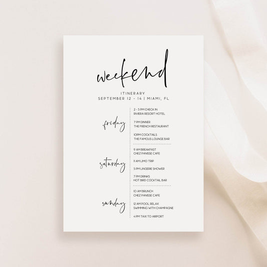 Simple Weekend Itinerary Template, Editable Minimalist Hen Party & Bachelorette Weekend Schedule, Printable Birthday Itinerary, Instant Download