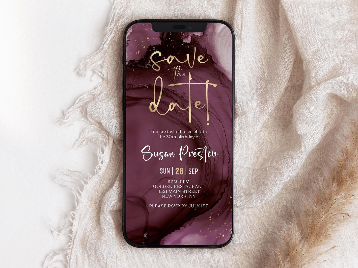 Digital Purple Gold Save the Date Invitation Template, Electronic Birthday Invite, Editable Mobile Evite, Any Age Invite, Text Message Evite