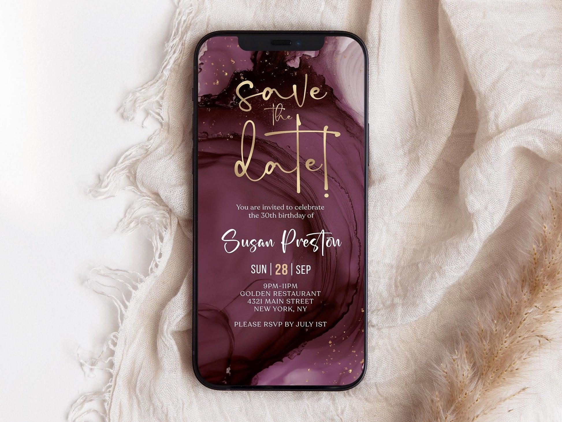 Digital Purple Gold Save the Date Invitation Template, Electronic Birthday Invite, Editable Mobile Evite, Any Age Invite, Text Message Evite