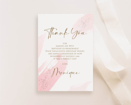 Pink Watercolor Thank You Card Template, Editable Thank You Notecard for Birthday or Anniversary, Printable Thank You Template, Instant Download