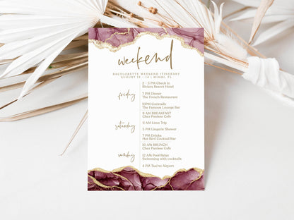 Printable Burgundy Gold Weekend Itinerary Template, Editable Hens Party Bachelorette Schedule, Elegant Birthday Weekend Invitation, Instant Download