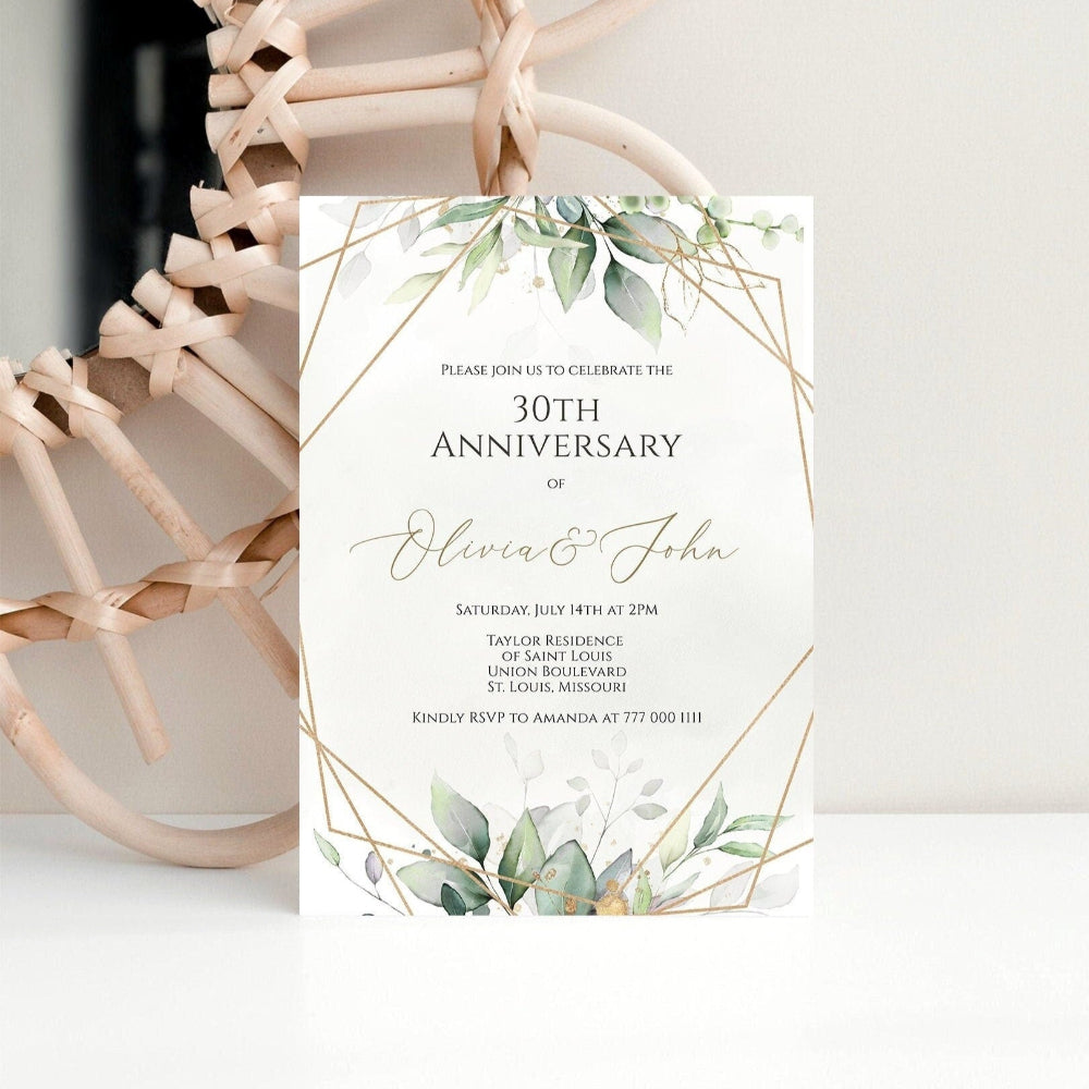 Greenery & Gold Anniversary Invitation | Editable Geometric Template | 25th 30th 40th 50th Anniversary Party | Printable Instant Download