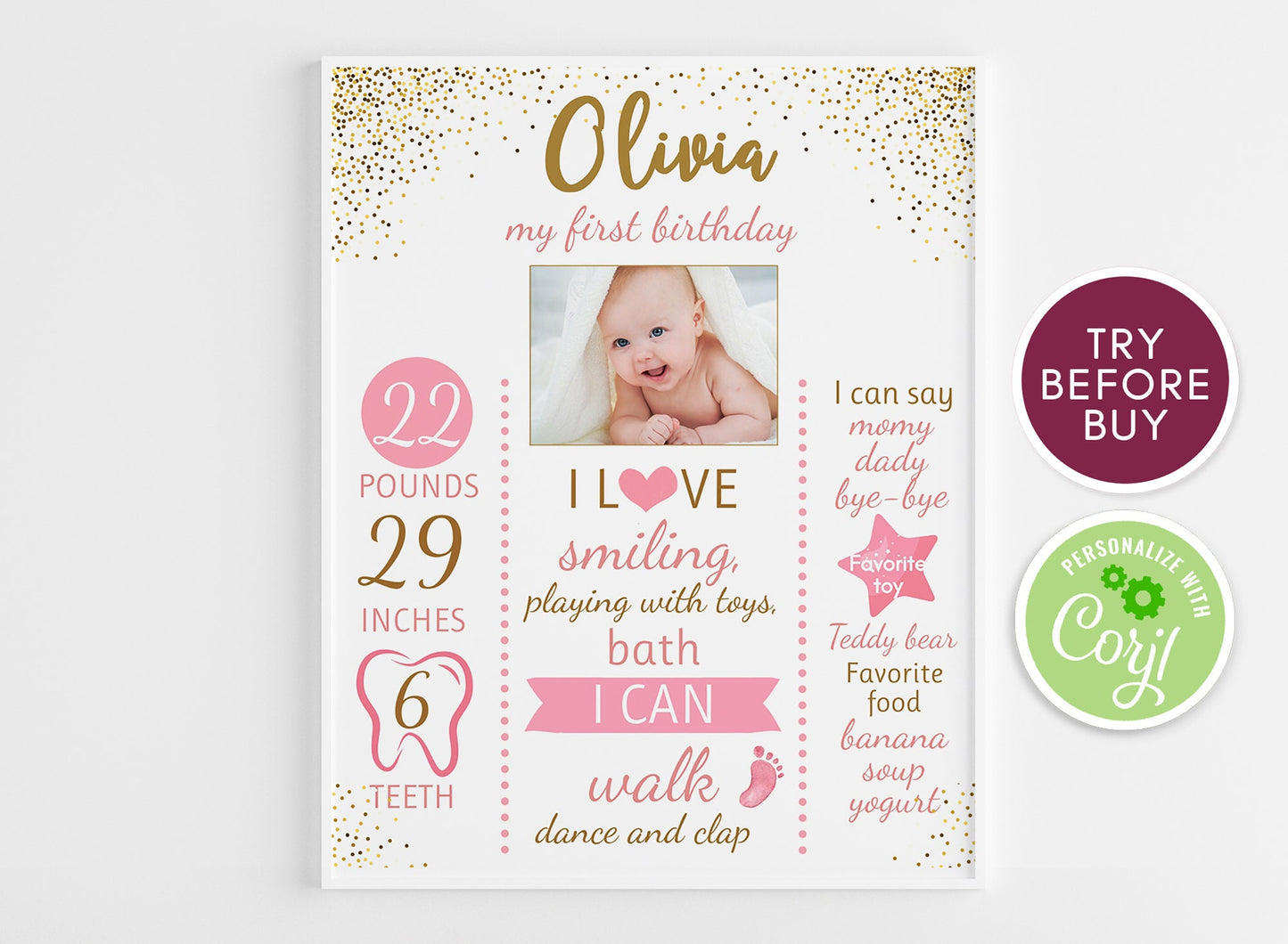 First Birthday Poster, Pink and Gold Confetti Board, Floral First Birthday Milestone Sign, Girl 1st Birthday Chalkboard Sign Birthday Poster