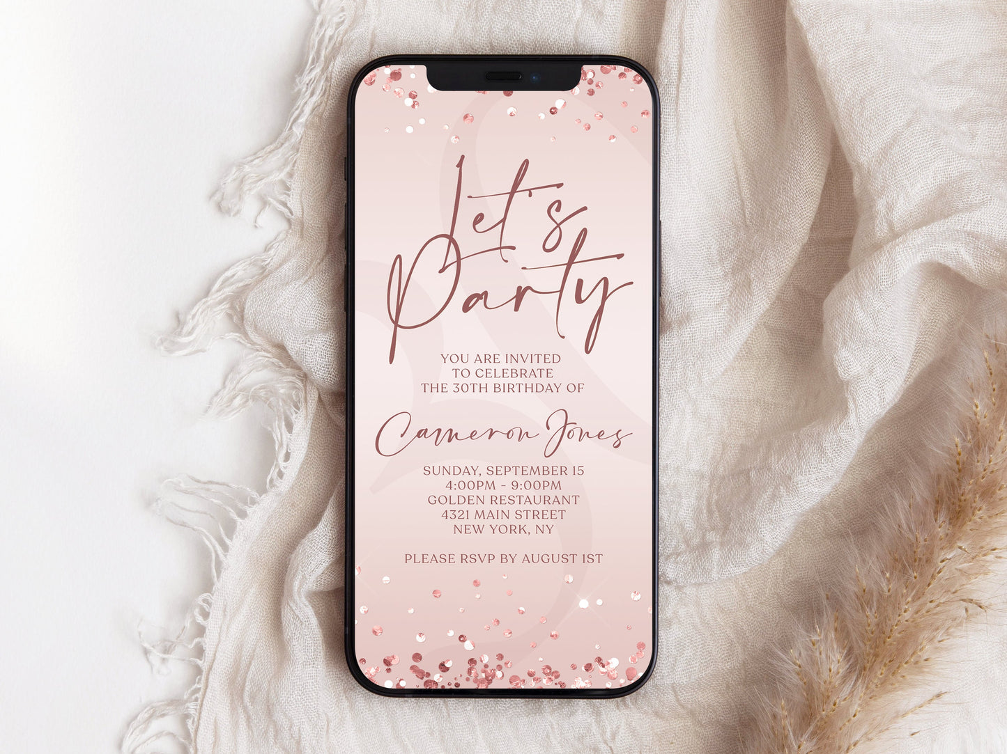 Digital Rose Gold "Let's Party" Birthday Invitation Template