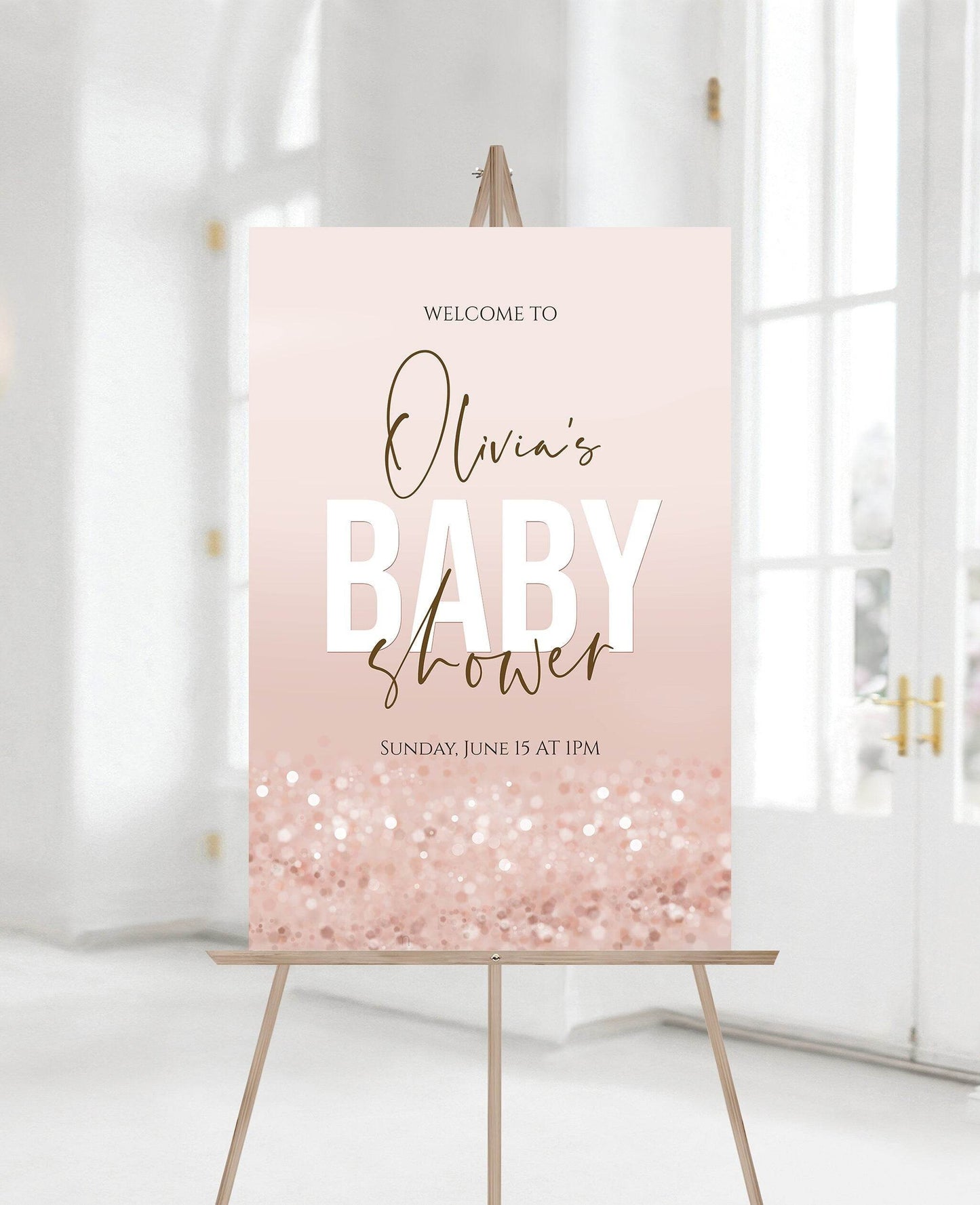 Girl Baby Shower Welcome Sign Template, Editable Rose Gold Confetti Poster, Printable Pink Baby Shower Board, Digital Instant Download