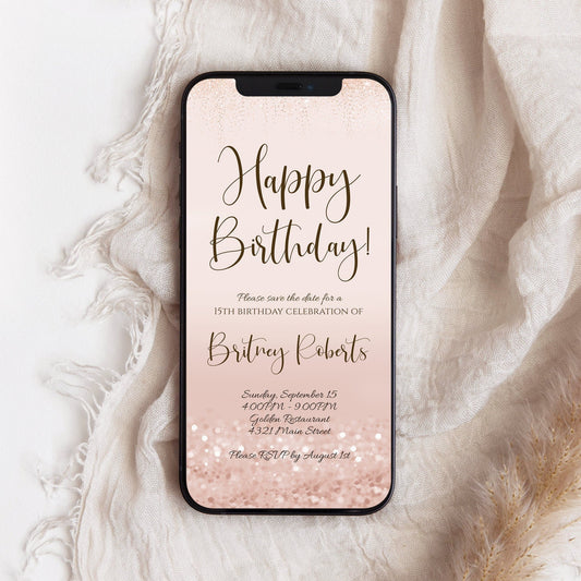 Digital Happy Birthday Invitation, Evite, Electronic Phone Invitation, Editable Smartphone Invite, Email Text Message Invitation, Rose Gold