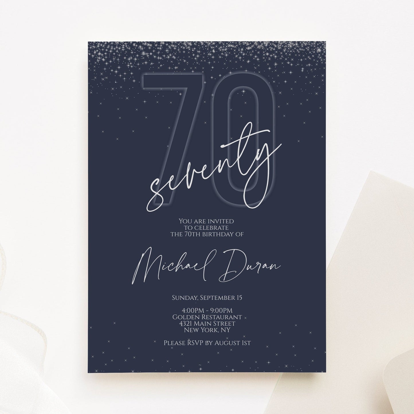 Printable Blue Navy Silver 70th Seventy BIRTHDAY Invitation Template, Digital Email text message invite, Editable Invite, DIY Men Invitation