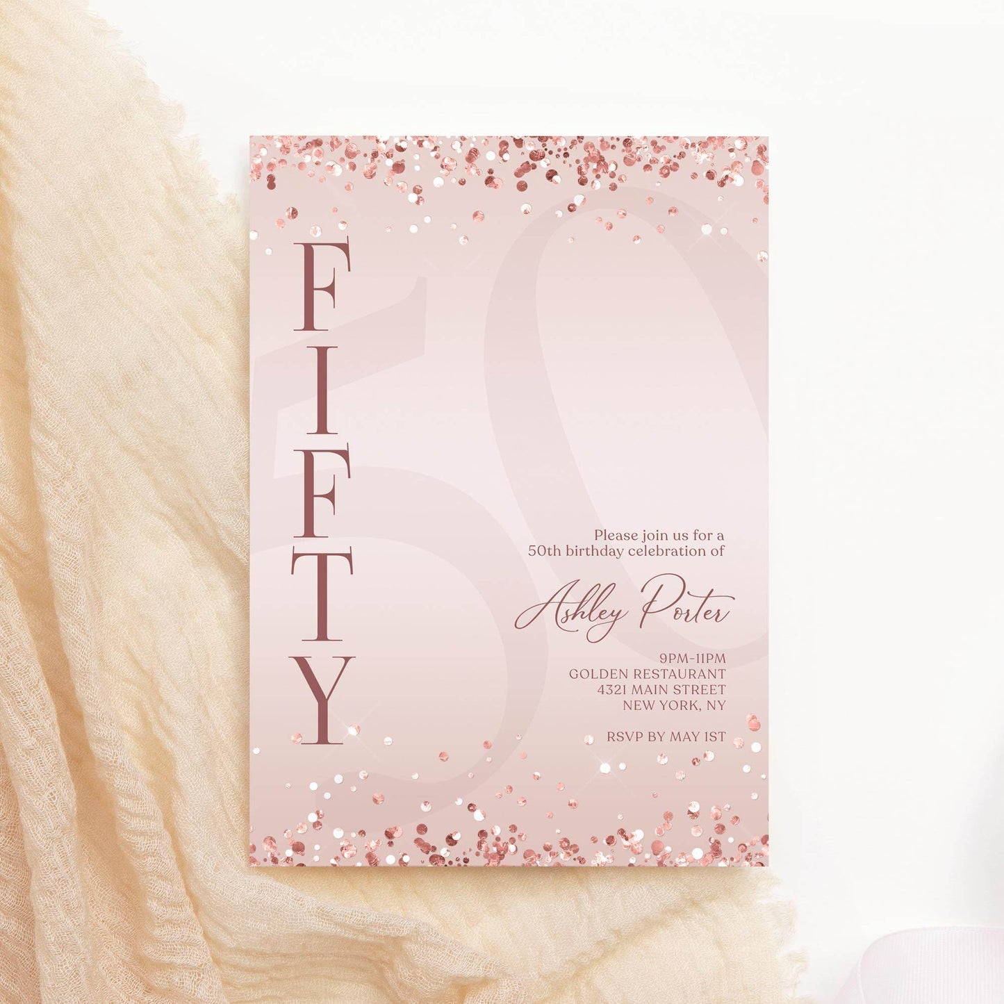 Pink Rose Gold 50th Birthday Invitation Template | Editable Surprise Party Invite | Printable & Digital Evite for Email or Text