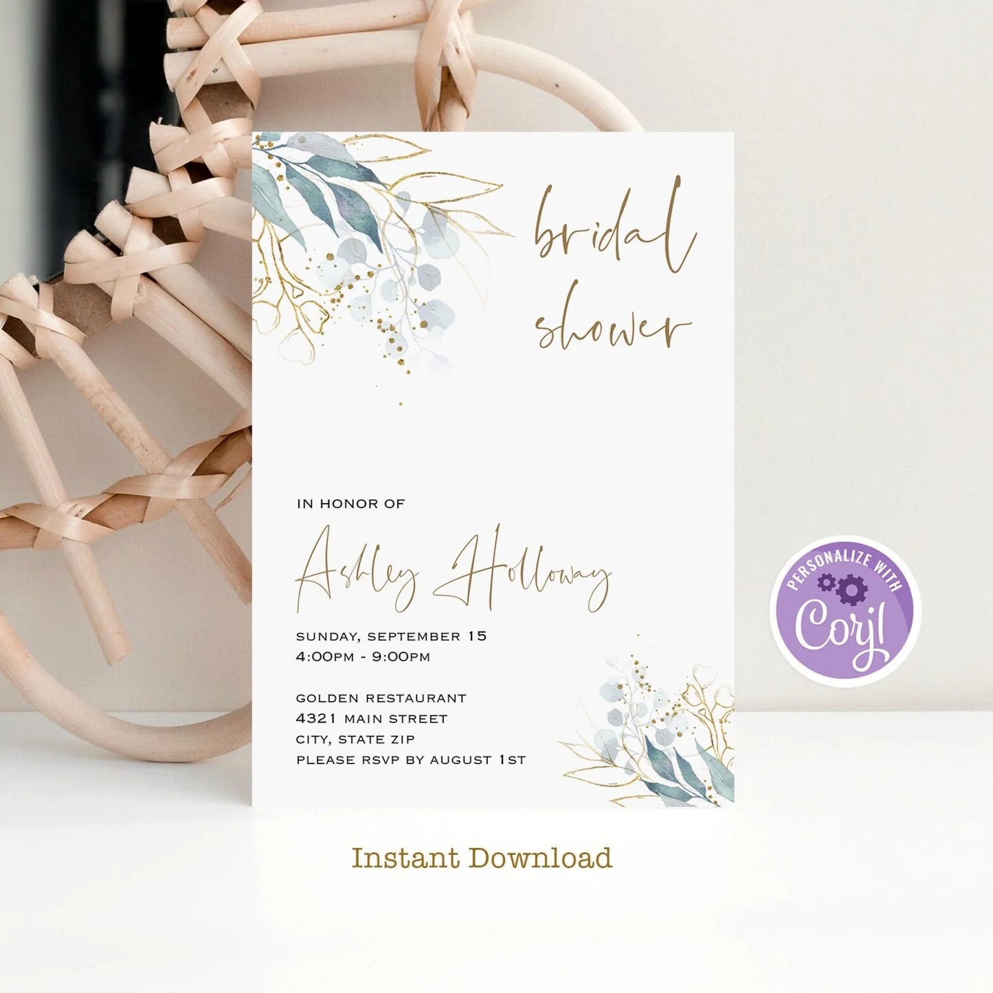 Eucalyptus Bridal Shower Invitation Template, Printable Greenery Bridal Shower Invite, Editable Simple Bridal Shower Invitation, DIY Digital