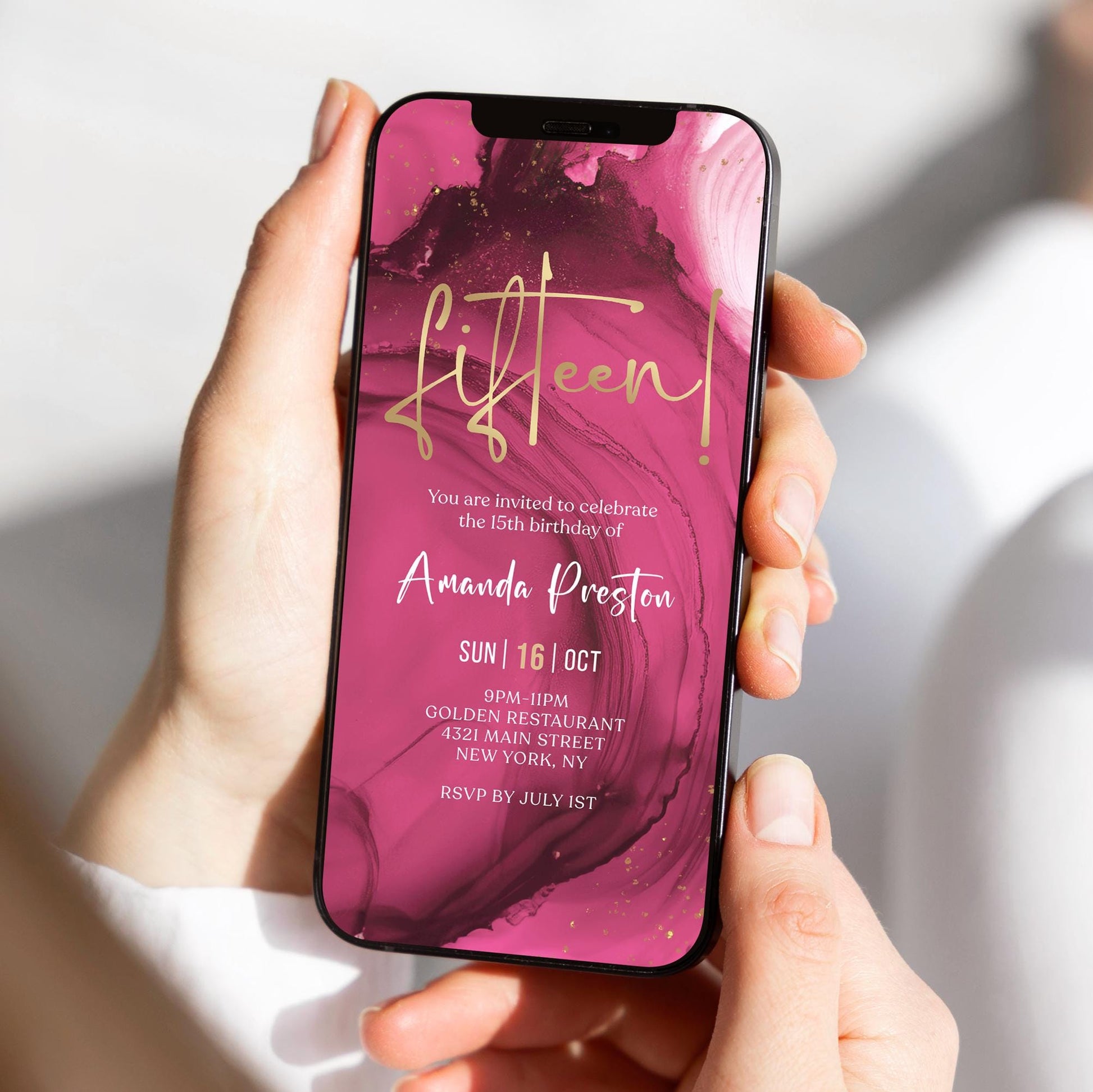 Fuchsia Pink Gold 15th Birthday Invitation Template | Instant Download | DIY Phone Invite