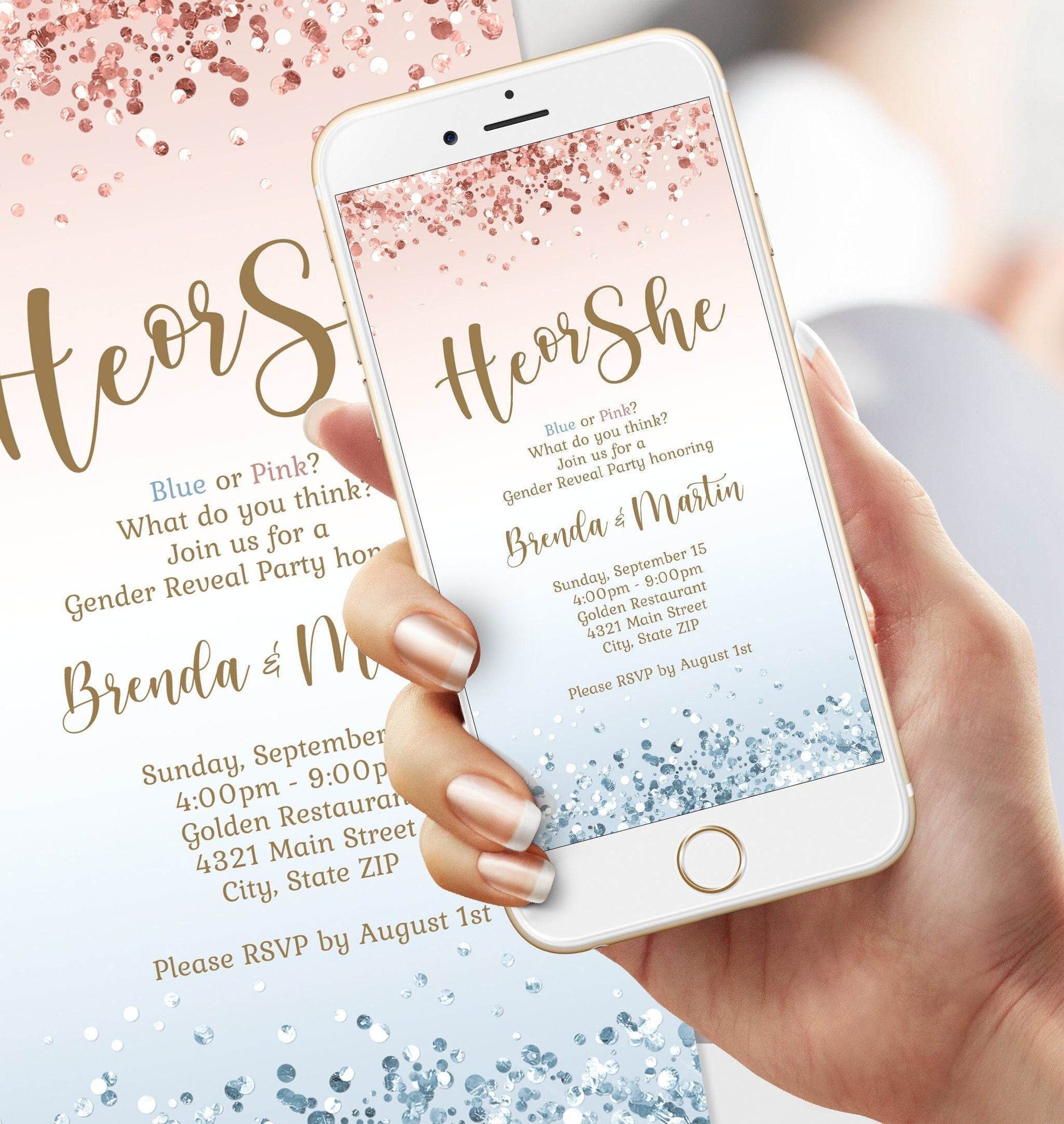 He or She Gender Reveal Invitation Template | Editable Blue & Pink Digital Evite | Electronic Boy or Girl Party Invite | Instant Download