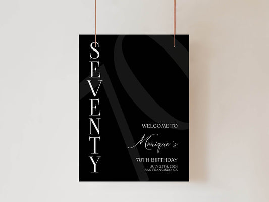 Simple Black 70th Birthday Welcome Sign Template, Printable Seventy Birthday Poster, Minimalist Editable Birthday Decor, Instant Download