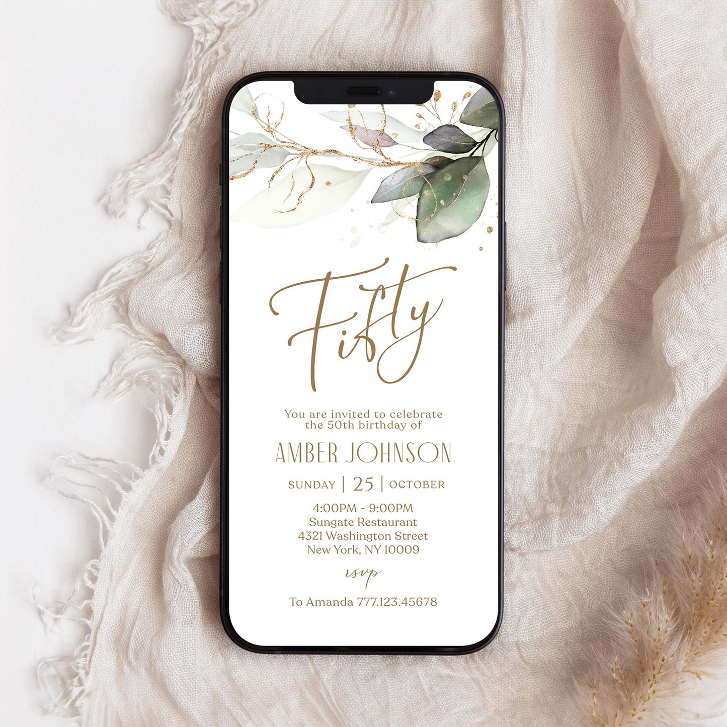 Electronic Fifty 50th birthday Invitation Template, Digital Greenery Eucalyptus Birthday Invite, Editable Template, Phone Text Message Evite