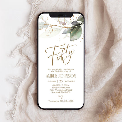 Electronic Fifty 50th birthday Invitation Template, Digital Greenery Eucalyptus Birthday Invite, Editable Template, Phone Text Message Evite