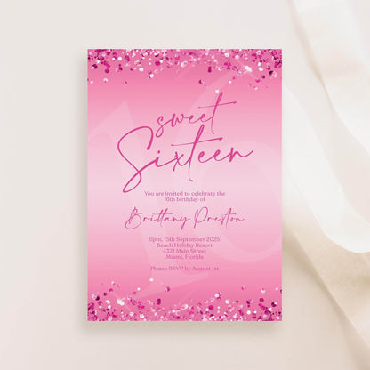 Hot Pink 16th Sweet Sixteen Birthday Invitation Template, Printable Fuchsia 16th Girl Birthday Party Invite, Editable Email Text Message