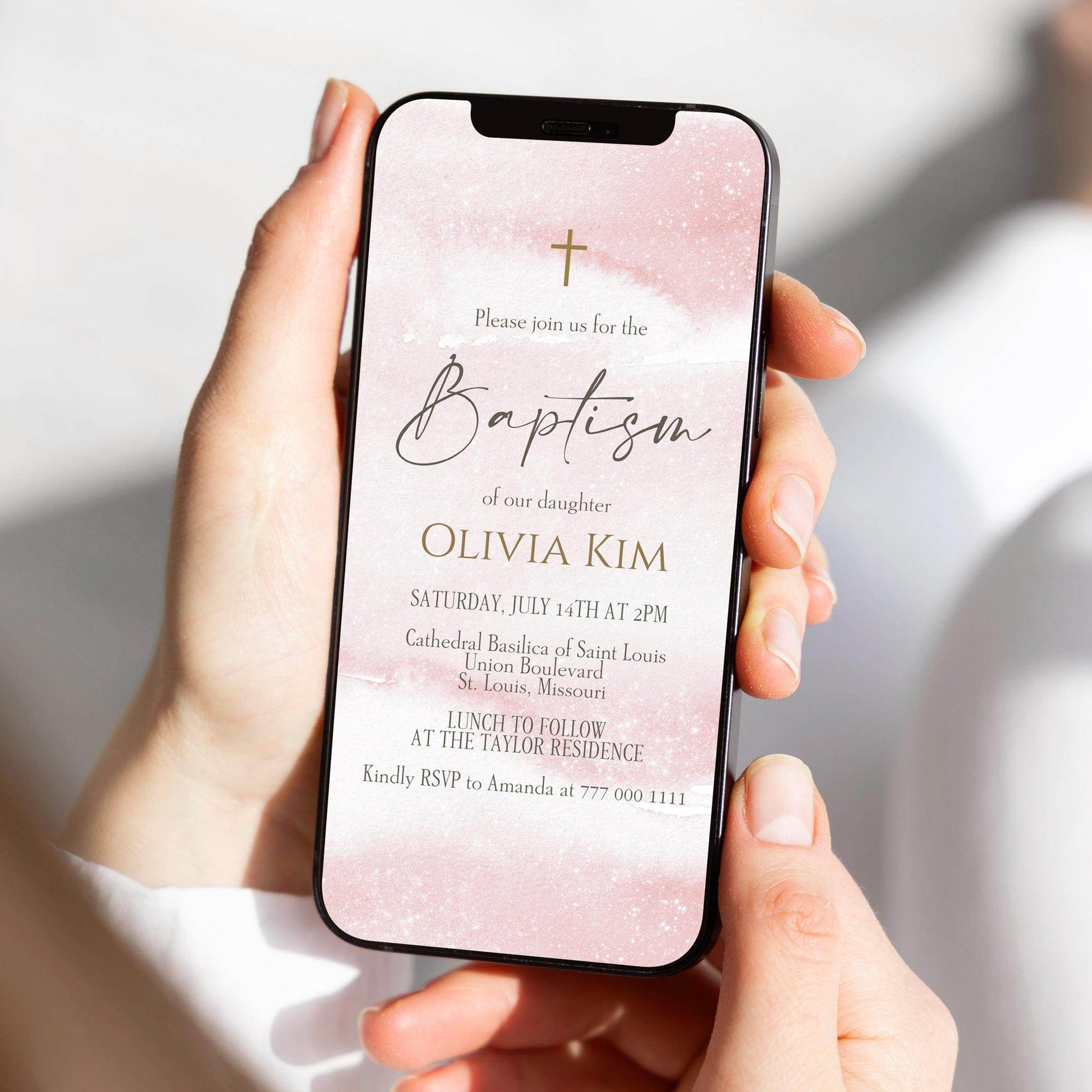 Digital Girl Baptism Invitation – Editable Pink Watercolor Christening Evite Template – Gold Text Message Invite – Girls Baptism or Christening eCard