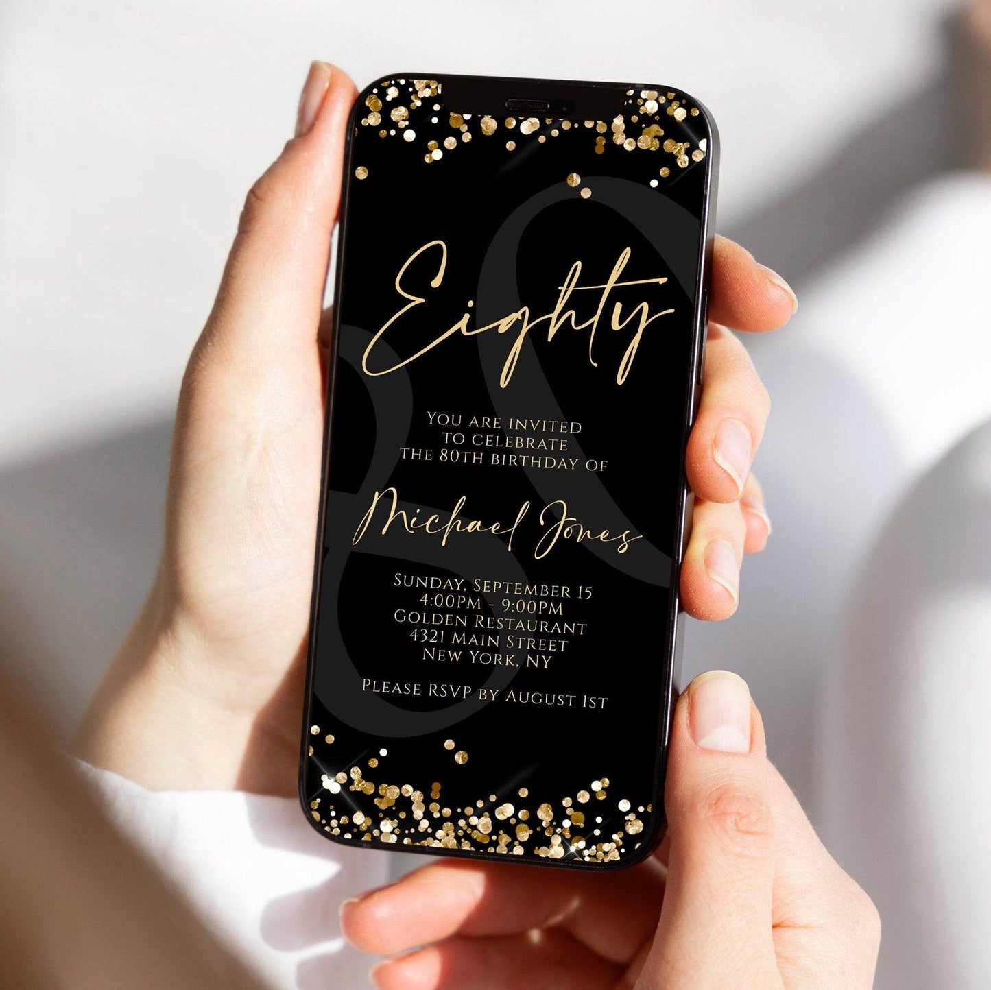Digital Black Gold Eighty 80th Birthday Invitation Template, Electronic Birthday Invite, Editable Text Message Evite, Elegant Black Invite