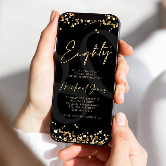Digital Black Gold Eighty 80th Birthday Invitation Template, Electronic Birthday Invite, Editable Text Message Evite, Elegant Black Invite
