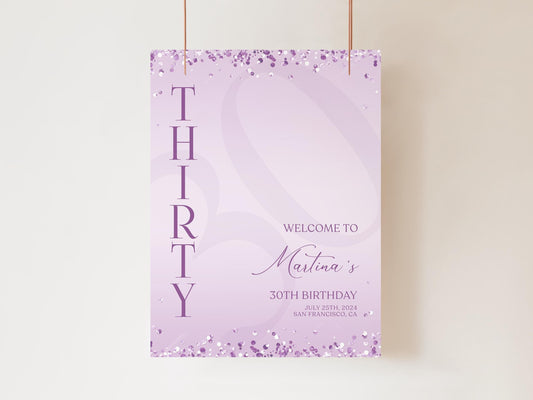 Editable Purple Birthday Welcome Sign Template, Printable Lavender Confetti Birthday Poster, Birthday Sign Decor, Any Age Birthday Board