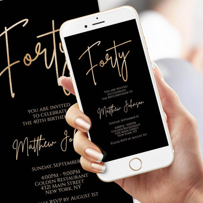 Black 40th Birthday Digital Invitation Template - Editable Text Message Evite - 40th Electronic Phone Invite - Minimalist Birthday E-Invite - Instant Download