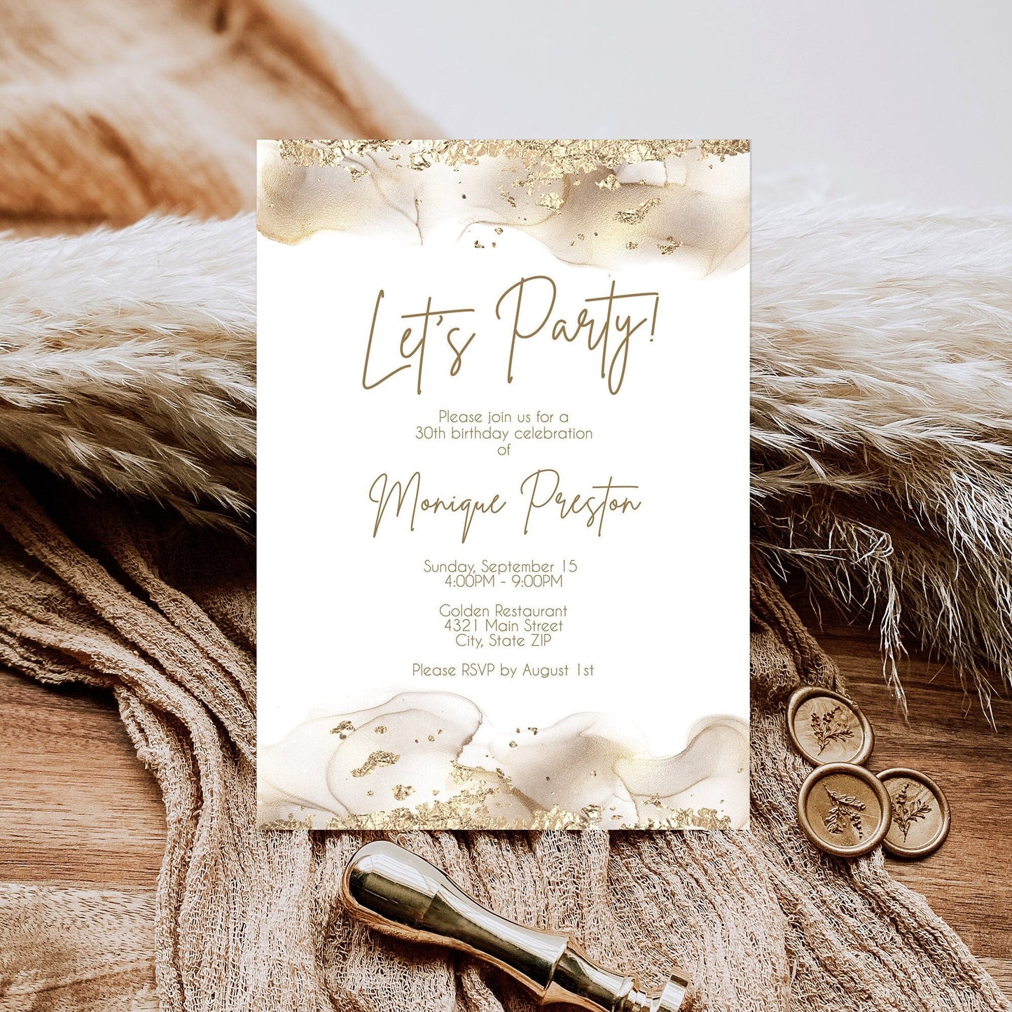 Gold Birthday Invitation Template - Editable Let's Celebrate Card | Instant Download