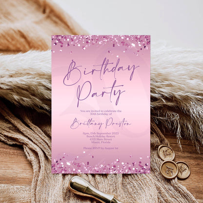 Editable Purple Birthday Party Invitation Template, Printable Woman Birthday Invite, Any Age Birthday Card Invite, Modern Email Text Message
