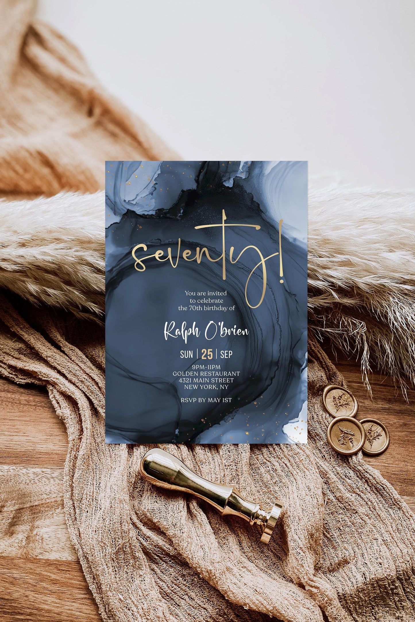 Blue Navy Gold 70th Seventy Birthday Invitation Template, Printable Man Birthday Dinner Invite, Editable Surprise Invite, Digital Download