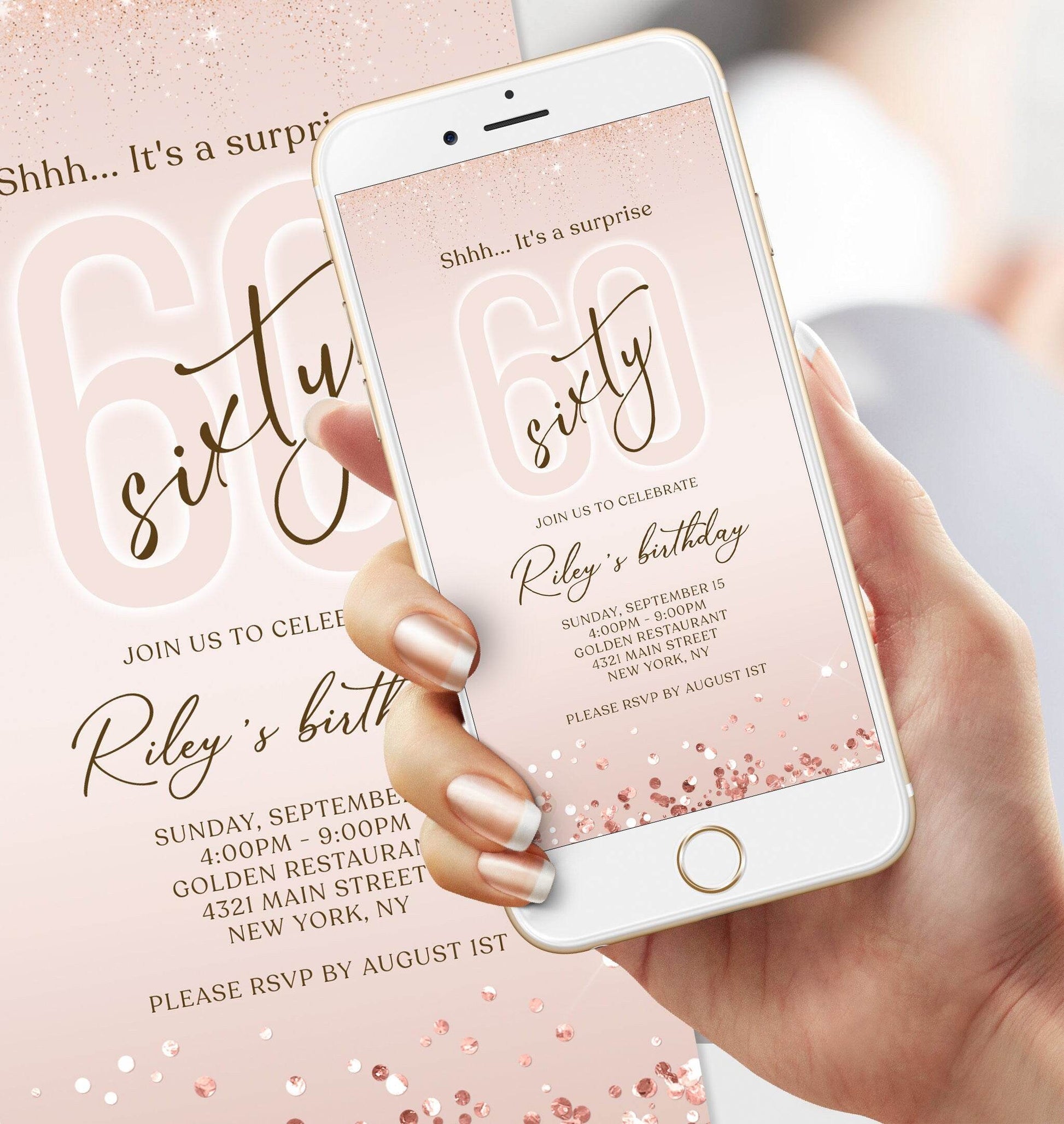Digital Rose Gold “Shhh It’s a Surprise” 60th Birthday Invitation – Editable Sixty Text Message Evite – Electronic Surprise Birthday Invite – Instant Download