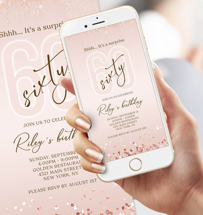 Digital Rose Gold “Shhh It’s a Surprise” 60th Birthday Invitation – Editable Sixty Text Message Evite – Electronic Surprise Birthday Invite – Instant Download