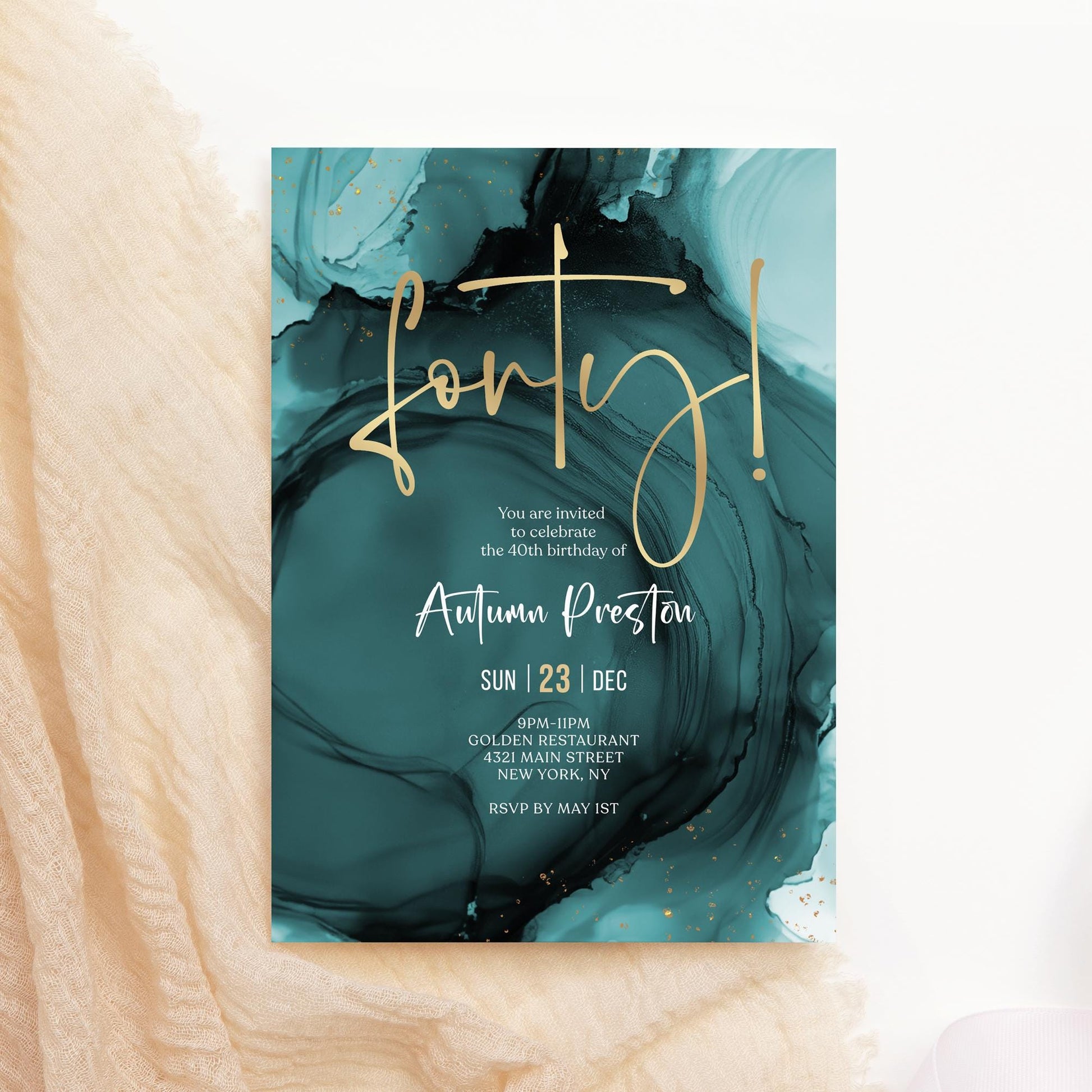 Teal Turquoise and Gold 40th Birthday Invitation | Editable Surprise Party Invite | Printable Digital Template | Forty Birthday Celebration Download