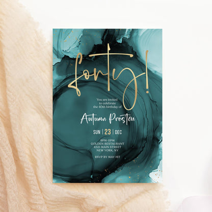 Teal Turquoise and Gold 40th Birthday Invitation | Editable Surprise Party Invite | Printable Digital Template | Forty Birthday Celebration Download