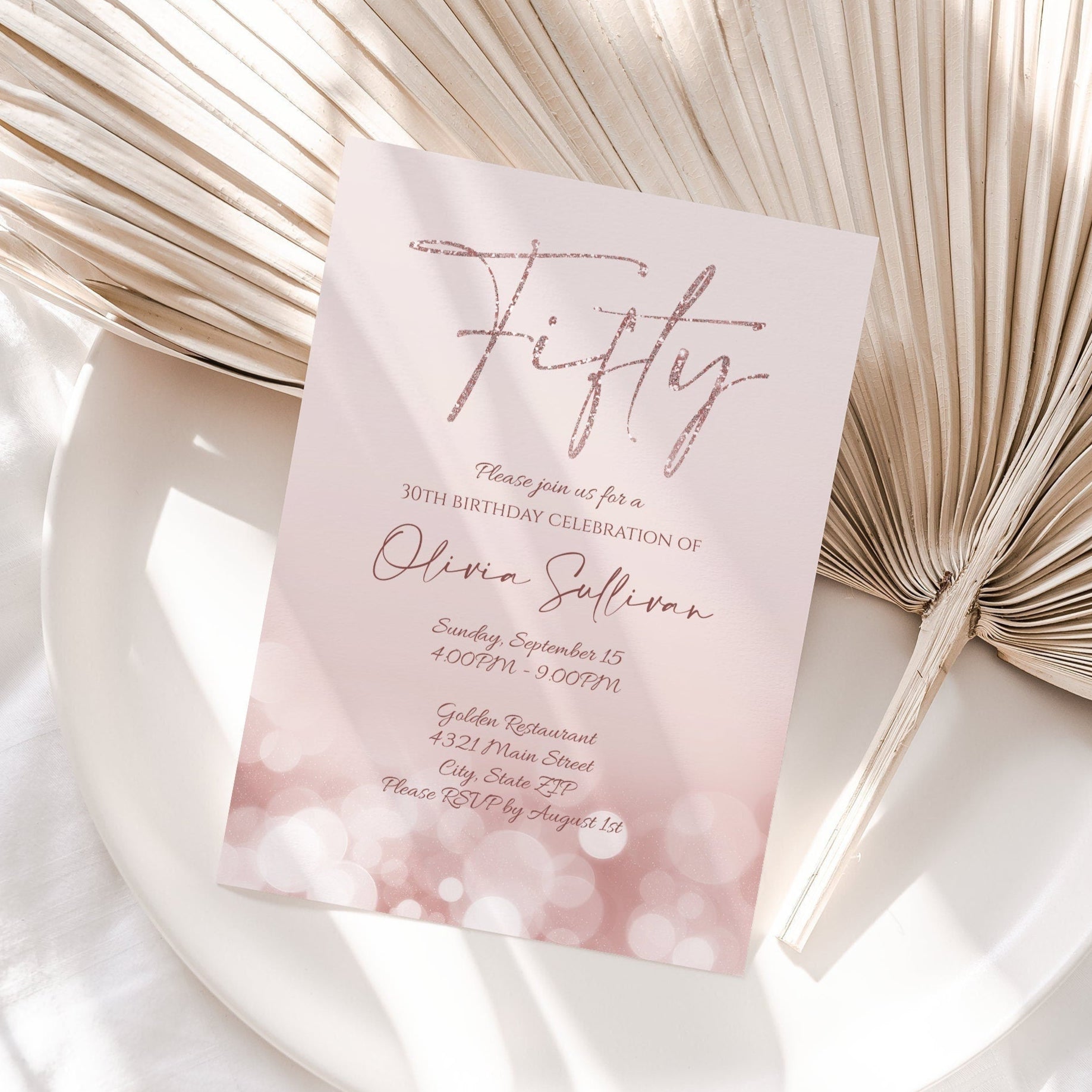 Rose Gold 50th Birthday Invitation Template | Editable | Instant Download