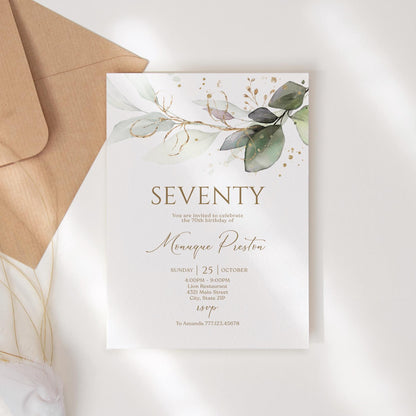 Editable Seventy 70th birthday Invitation Card Template, Printable Greenery Gold Leaves Birthday Invite, Digital Template Email Text Message