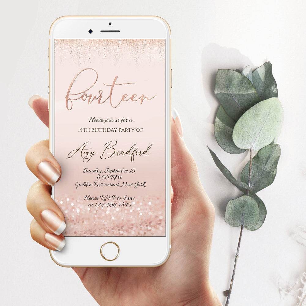 Electronic 14th Birthday Evite Text Invitation Template – Editable Rose Gold Fourteen Birthday Invite | Digital SMS Phone Invitation | Instant Download