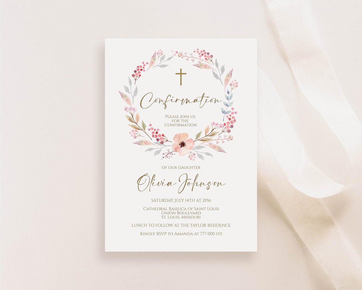 Printable Girl Confirmation Invitation Template, Editable Floral Wreath Invite, Digital Download, Email or Text Message Evite