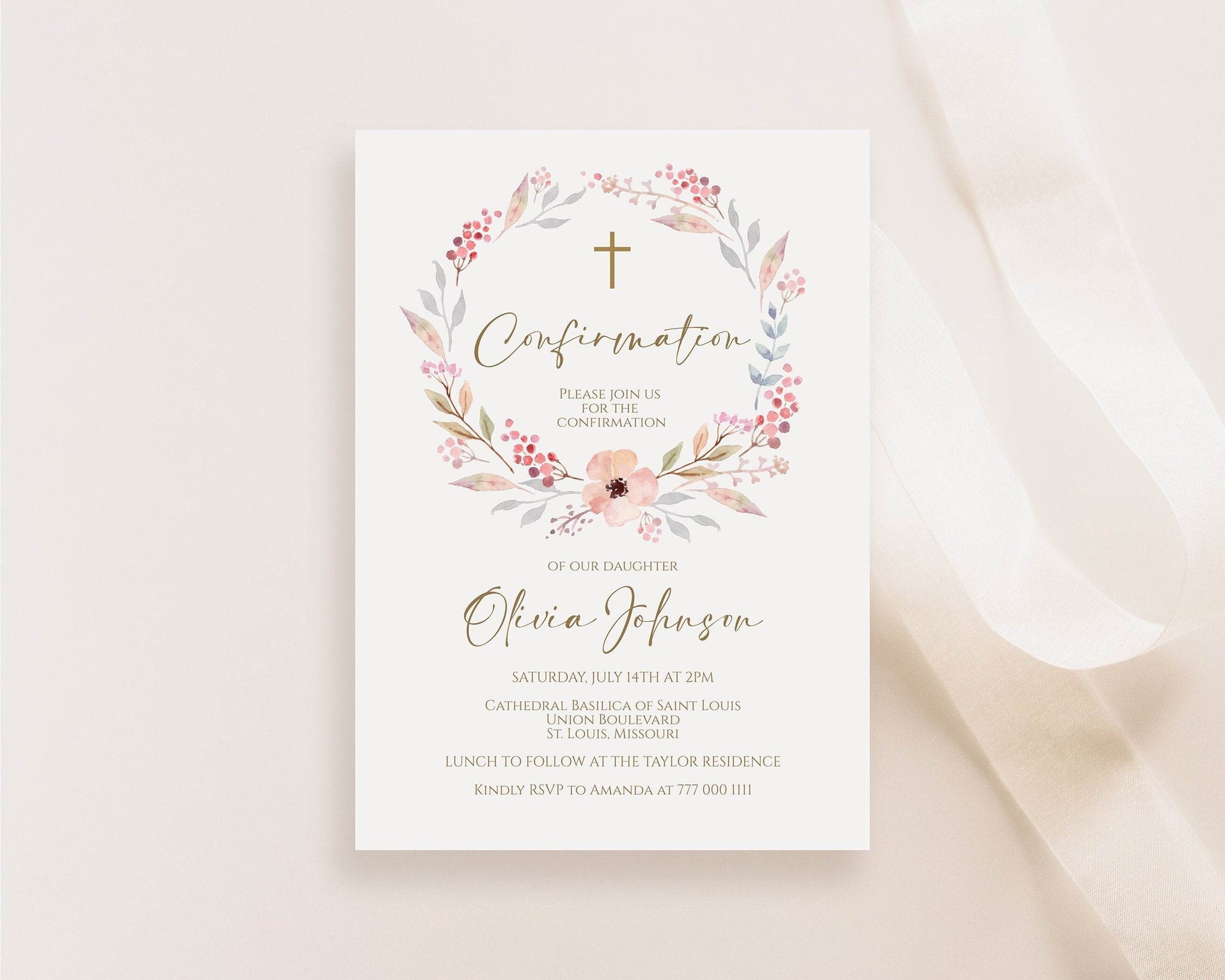 Printable Girl Confirmation Invitation Template, Editable Floral Wreath Invite, Digital Download, Email or Text Message Evite