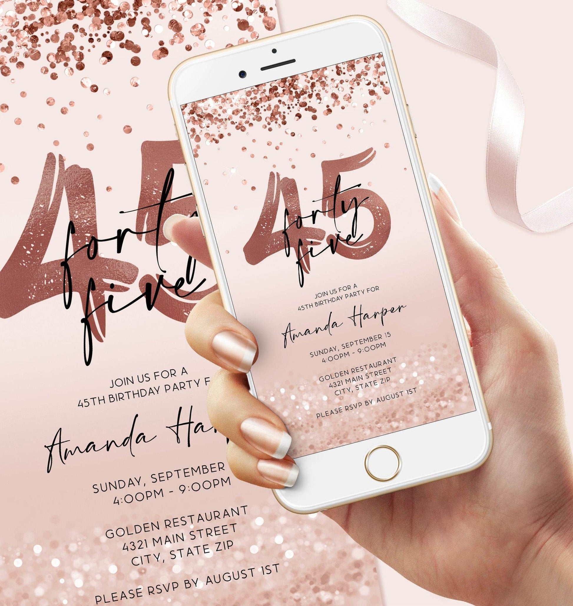 Digital 45th Forty Five Birthday Invitation Template, Electronic Rose Gold Invite, Editable Custom Woman Mobile Invite, DIY Text Message