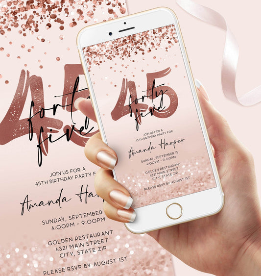 Digital 45th Forty Five Birthday Invitation Template, Electronic Rose Gold Invite, Editable Custom Woman Mobile Invite, DIY Text Message
