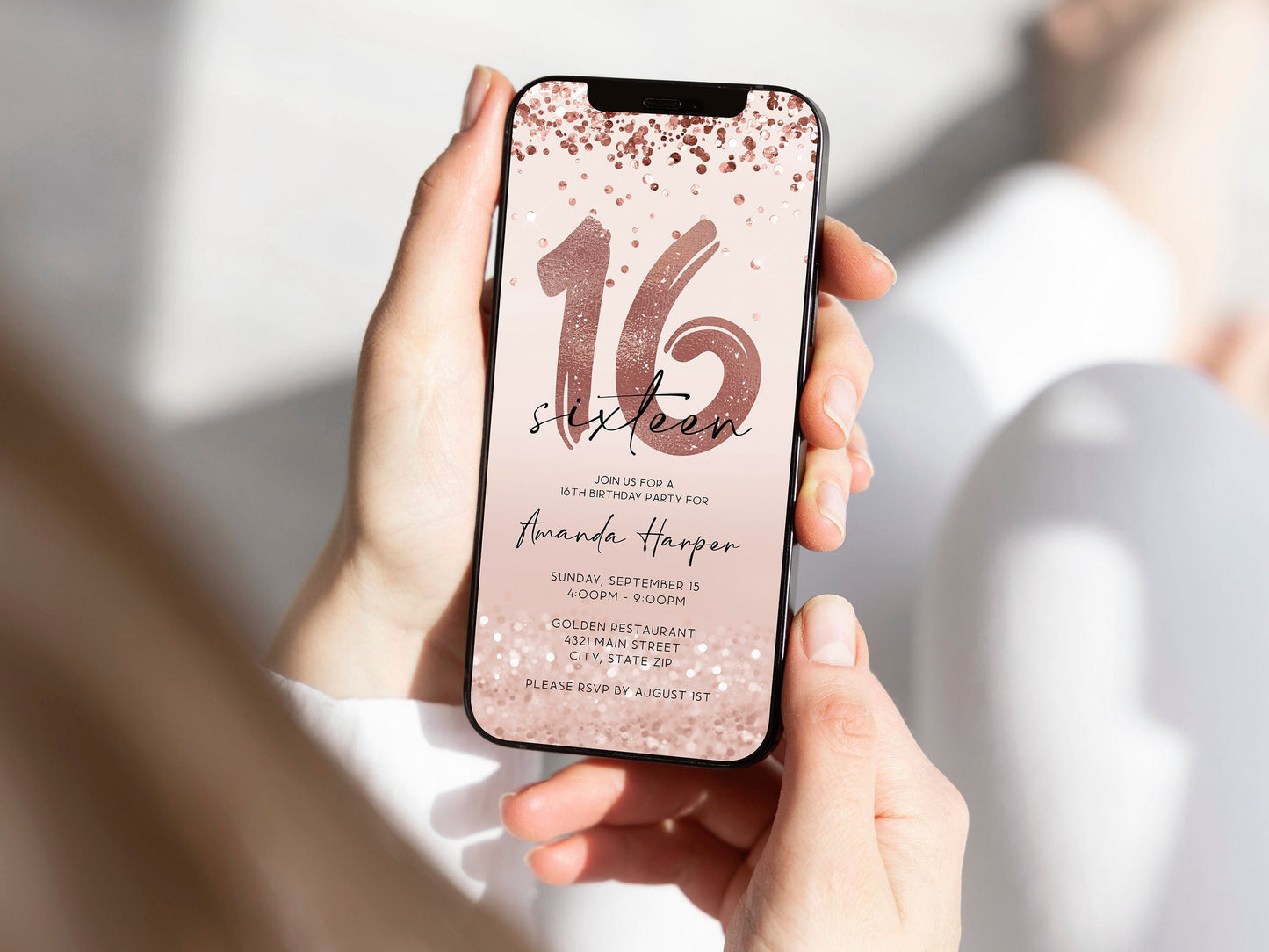 Electronic 16th Sixteen Birthday Invitation Template, Digital Rose Gold Foil Confetti Girl Party Editable Invite Evite, Email Text Message