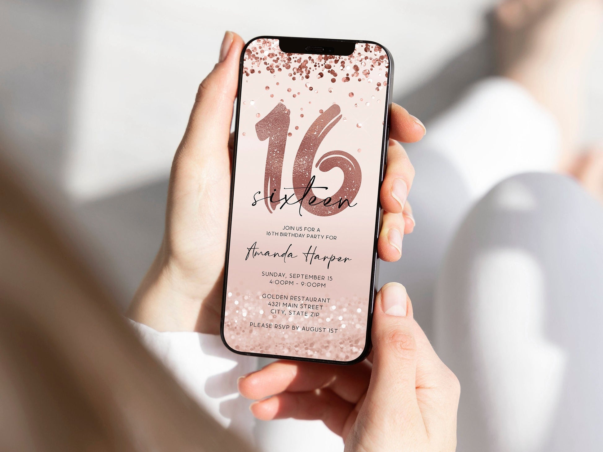 Electronic 16th Sixteen Birthday Invitation Template, Digital Rose Gold Foil Confetti Girl Party Editable Invite Evite, Email Text Message