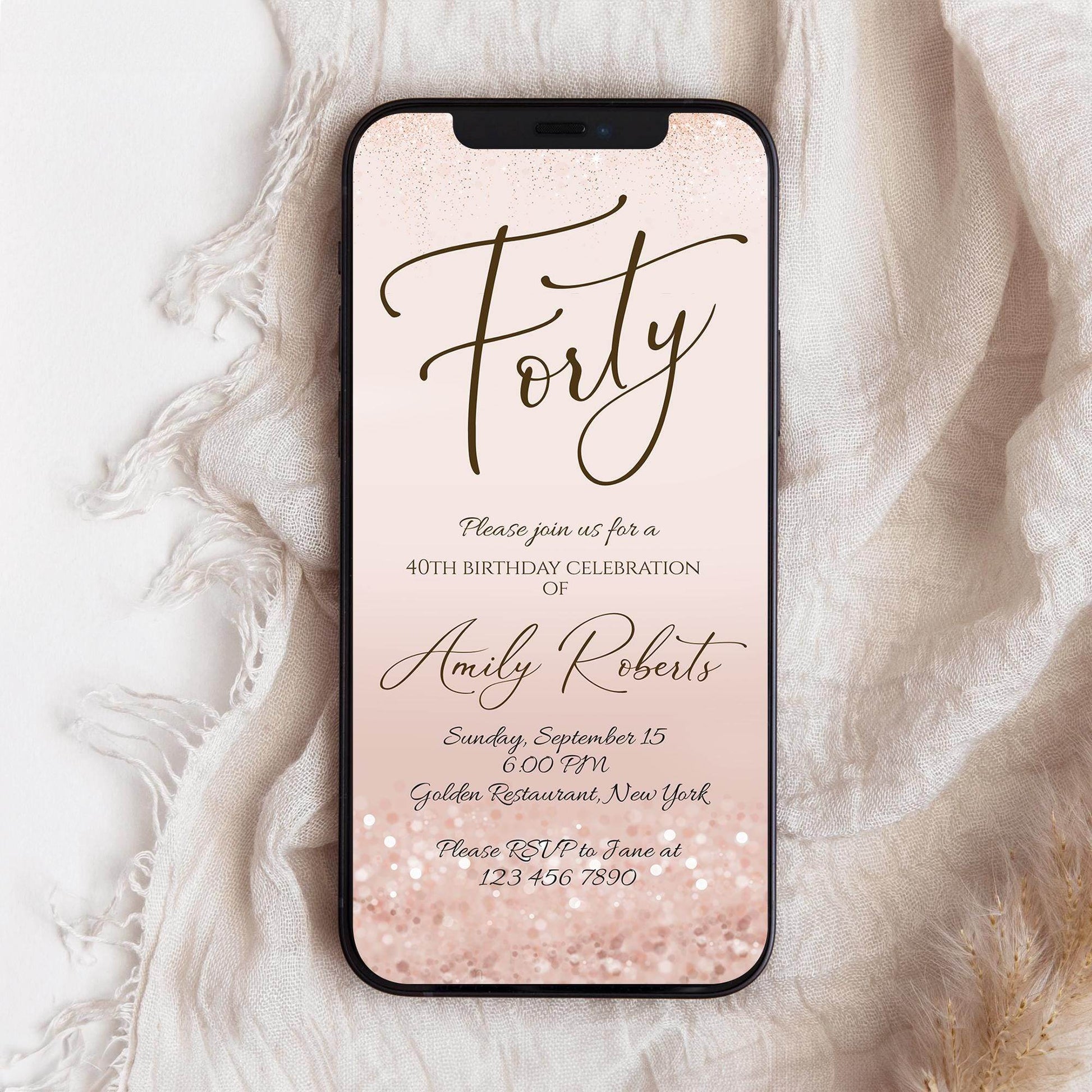 Electronic Forty 40th Birthday Evite Text Invitation Template, Rose Gold Editable Digital Invite, Mobile Birthday Party Invitation Download